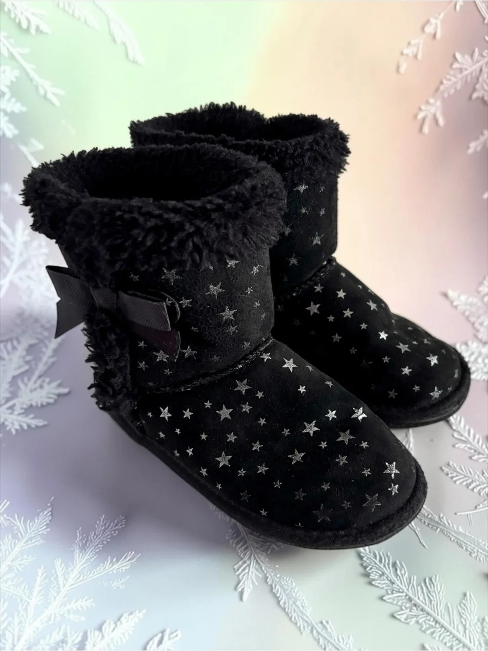 Lily & Dan Black Toddler Girls Star Print Faux‑Suede Winter Boots Size 11/12 EUC